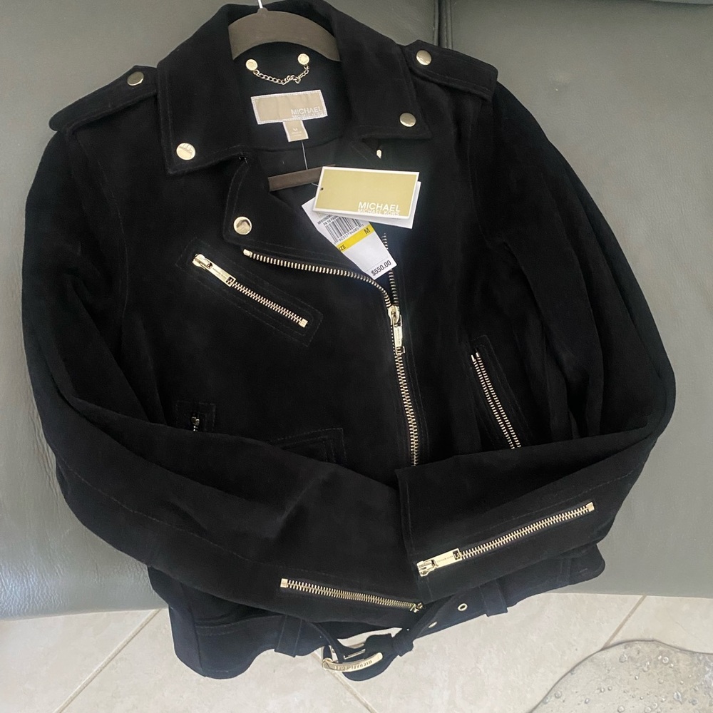 Michael Kors Black Suede Leather Motorcycle Jacket with Silver Accent Hardware.